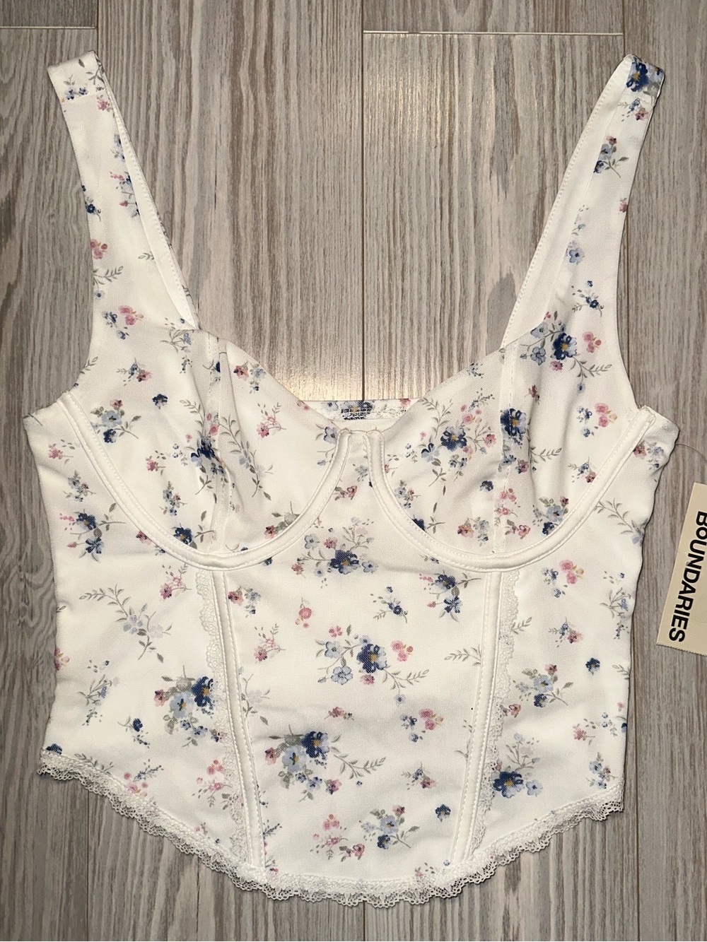 No Boundaries Cream Floral Bustier Crop Top with Blue & Pink Flowers